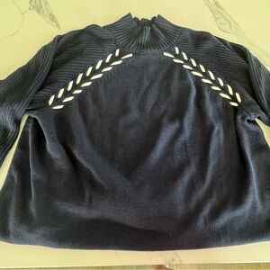 Ulla Popken Navy Mock Neck Sweater with white braided stitching